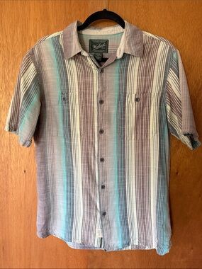 Woolrich Short-Sleeve Striped Button-Down in Teal, Brown & Cream